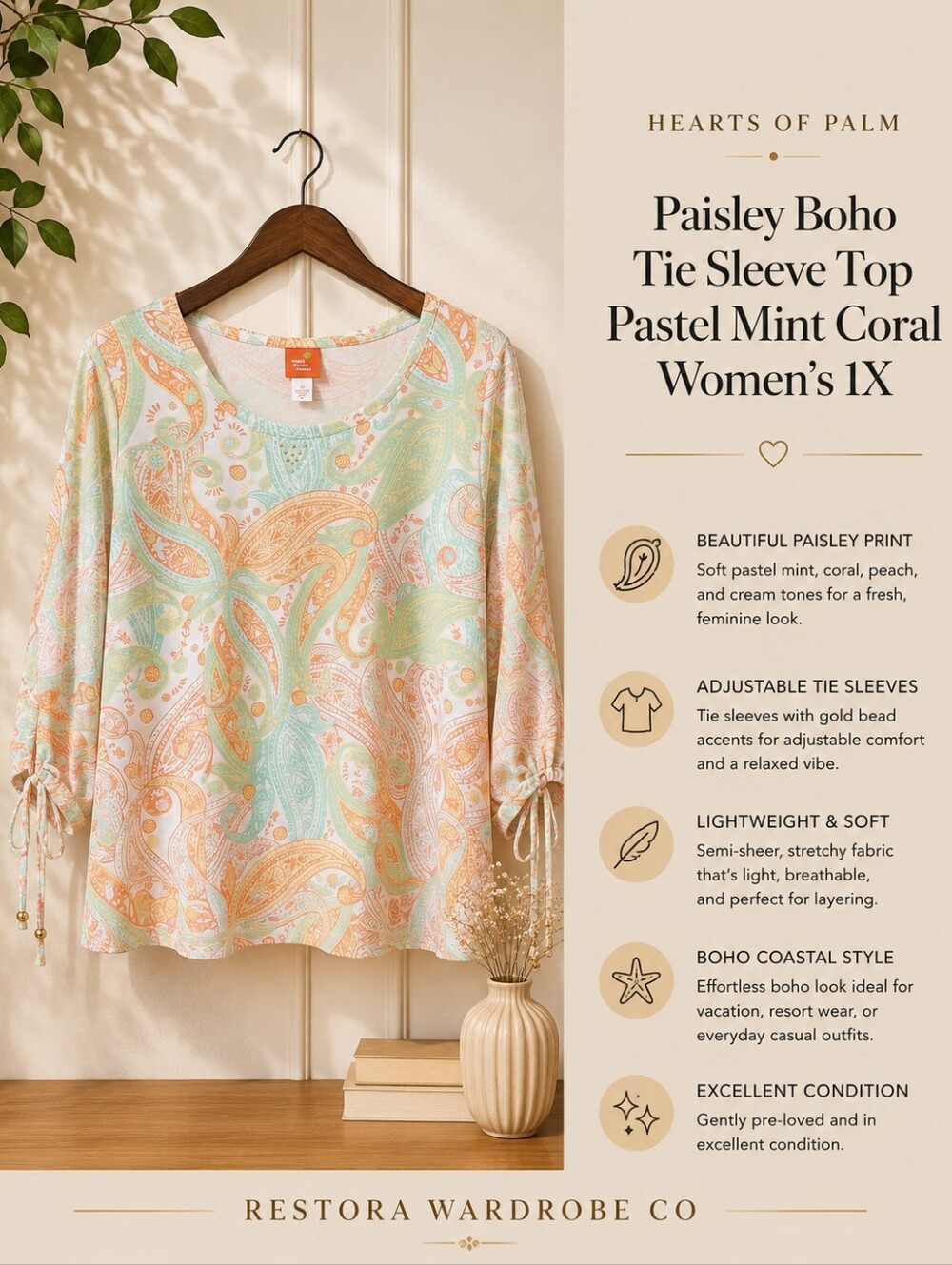 Hearts of Palm Paisley Blouse Pastel Tie Sleeve 1X Boho